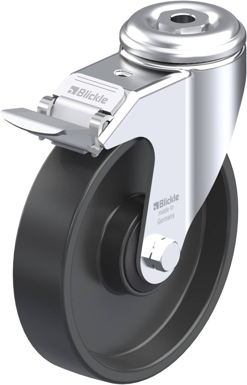 Schwenkrolle mit Feststeller aus Metall und schwarzem Rad. Aufschrift: Blickle, Made in Germany.