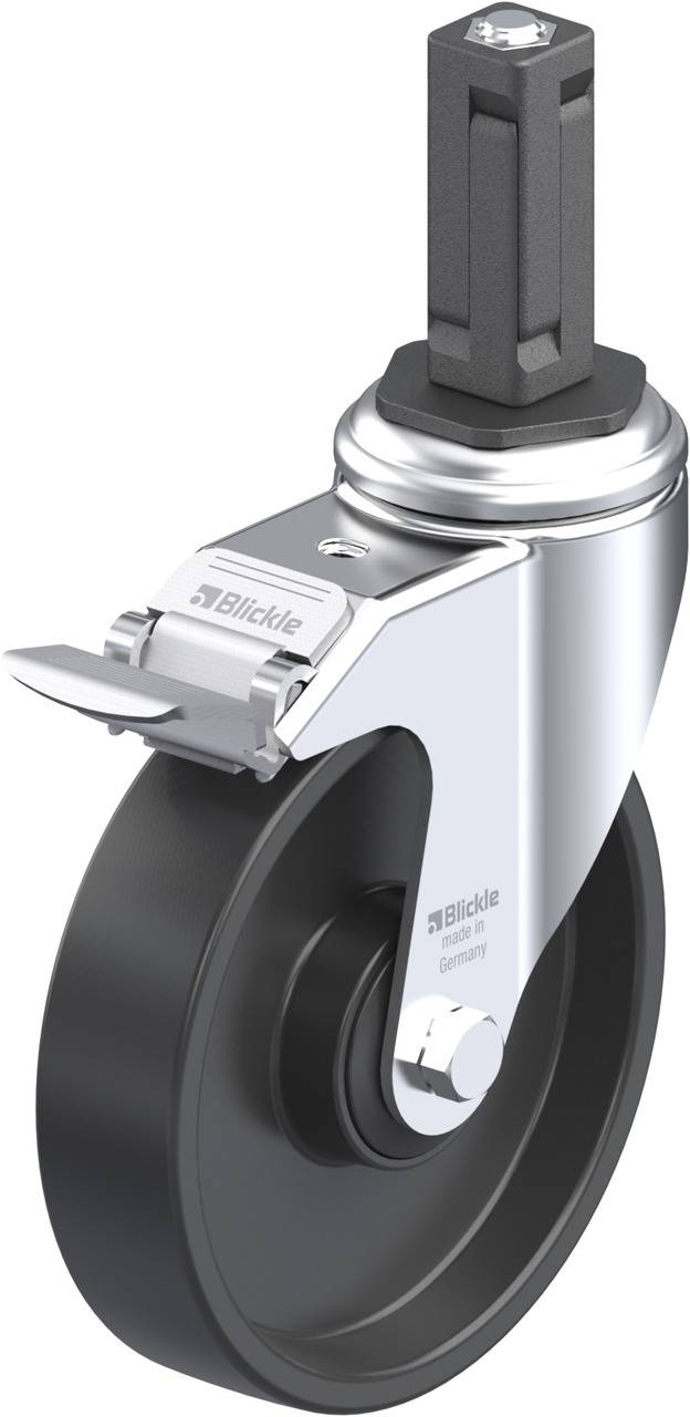 Drehbares Industrie-Rad mit schwarzer Kunststoffrolle, silbernem Gehäuse und Fußbremse. Geeignet für schwere Lasten in Produktionsumgebung.