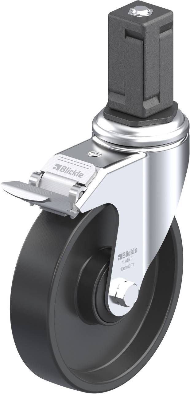 Schwenkrolle mit schwarzem Rad und silbernem Halter; Blockiersystem 'Blickle', für Transportgeräte, Bodenmontage.