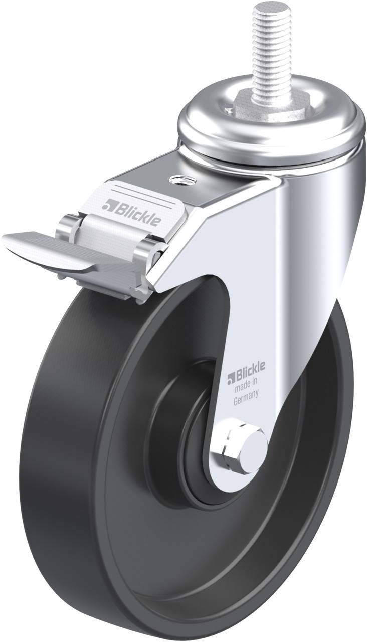 Industrie-Lenkrolle mit grauem Rad und silbernem Gehäuse, ausgestattet mit einem Gewindestift.
