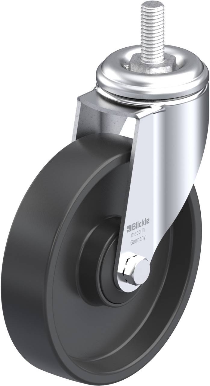 Industrie-Lenkrolle mit Gewindestift, schwarzem Rad und Metallgehäuse, geeignet für Schwerlastanwendungen.