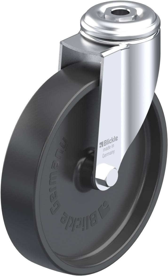 Industrie-Schwenkrolle mit Metallgehäuse und schwarzem Rad. Markierung 'Blickle' und 'Germany' auf der Radoberfläche.