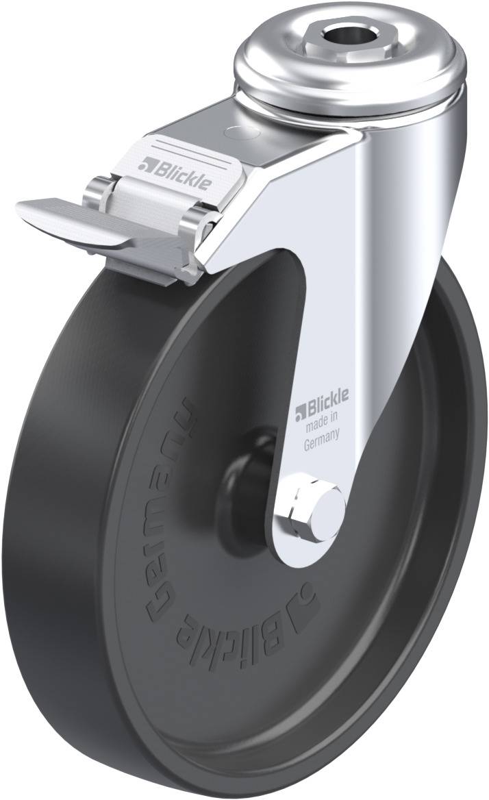 Lenkrolle aus Metall mit Gummirad, seitlichem Bremssystem und Aufschrift ‚Blickle‘. Robuste Bauweise für Industrieanwendungen.