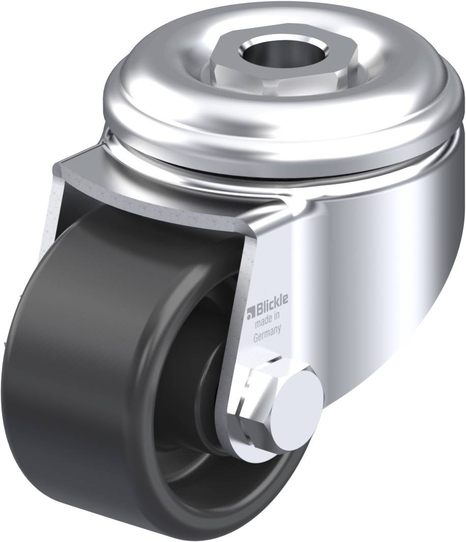 Ein einzelnes silbernes Lenkrollenrad mit schwarzer Lauffläche, geeignet für Möbel oder Industrieausrüstung.