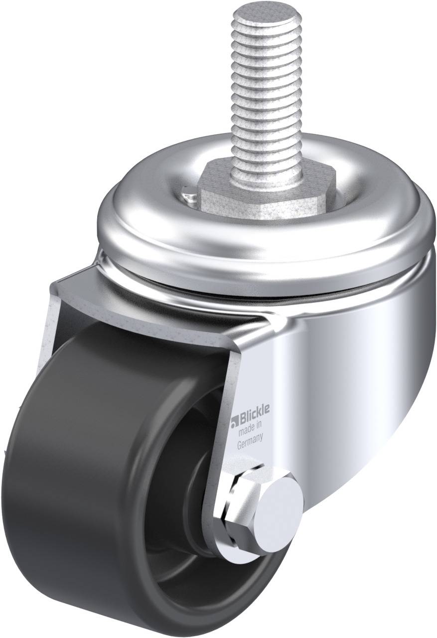 Schwenkrolle mit schwarzem Rad und silbernem Gehäuse, oben mit einem Gewindebolzen zur Befestigung.