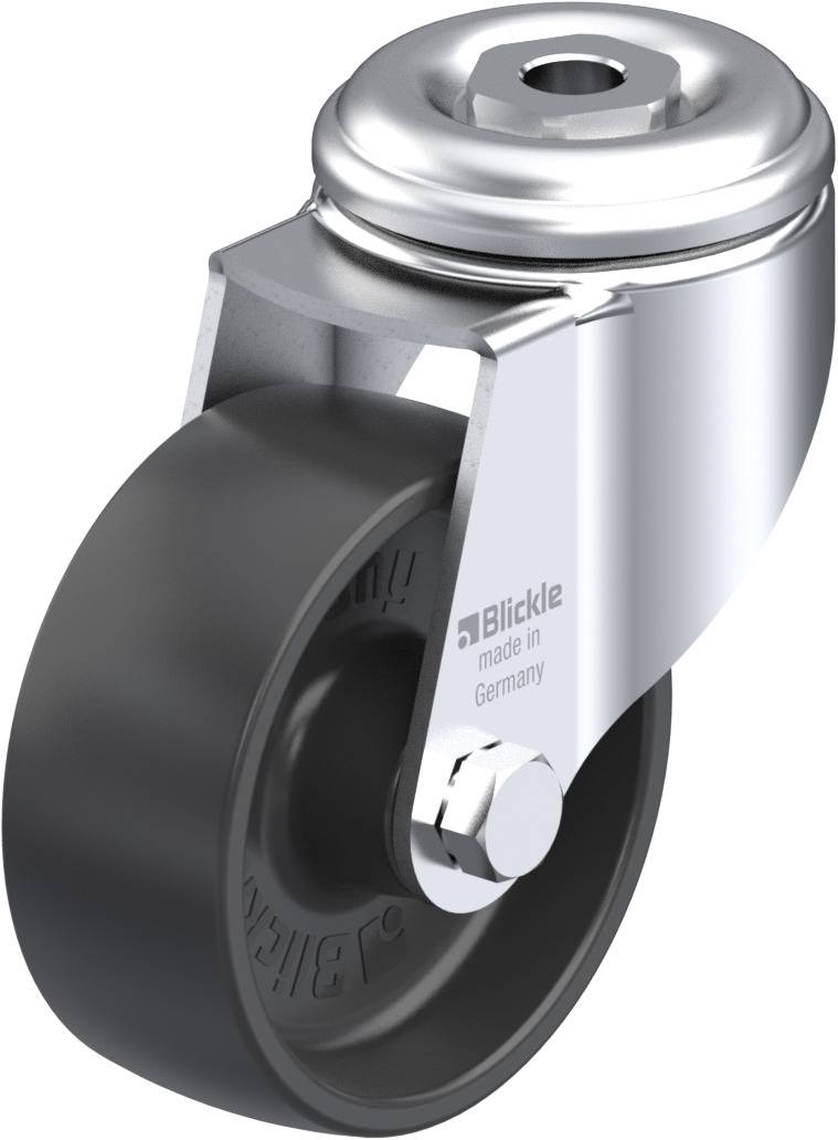 Stabiler Lenkrolle mit schwarzem Rad und silbernem Metallgehäuse. Auf der Seite steht 'Blickle, made in Germany'.