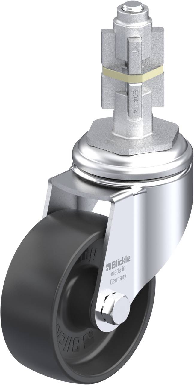 Schwenkrolle mit schwarzgrauem Rad und stabilem Metallgehäuse, geeignet für diverse Anwendungen in industriellen Umgebungen.