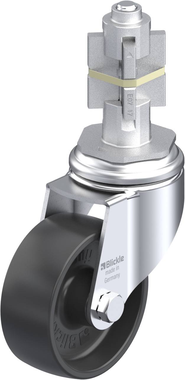 Graue Industrierolle mit Metallgehäuse und schwarzem Rad, markiert mit 'Blickle'. Entwickelt für schwere Lasten.