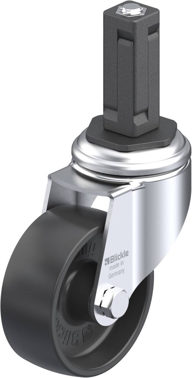 Stabiler Lenkrollenbausatz mit schwarzem Rad und verchromtem Gehäuse, geeignet für industrielle Anwendungen.