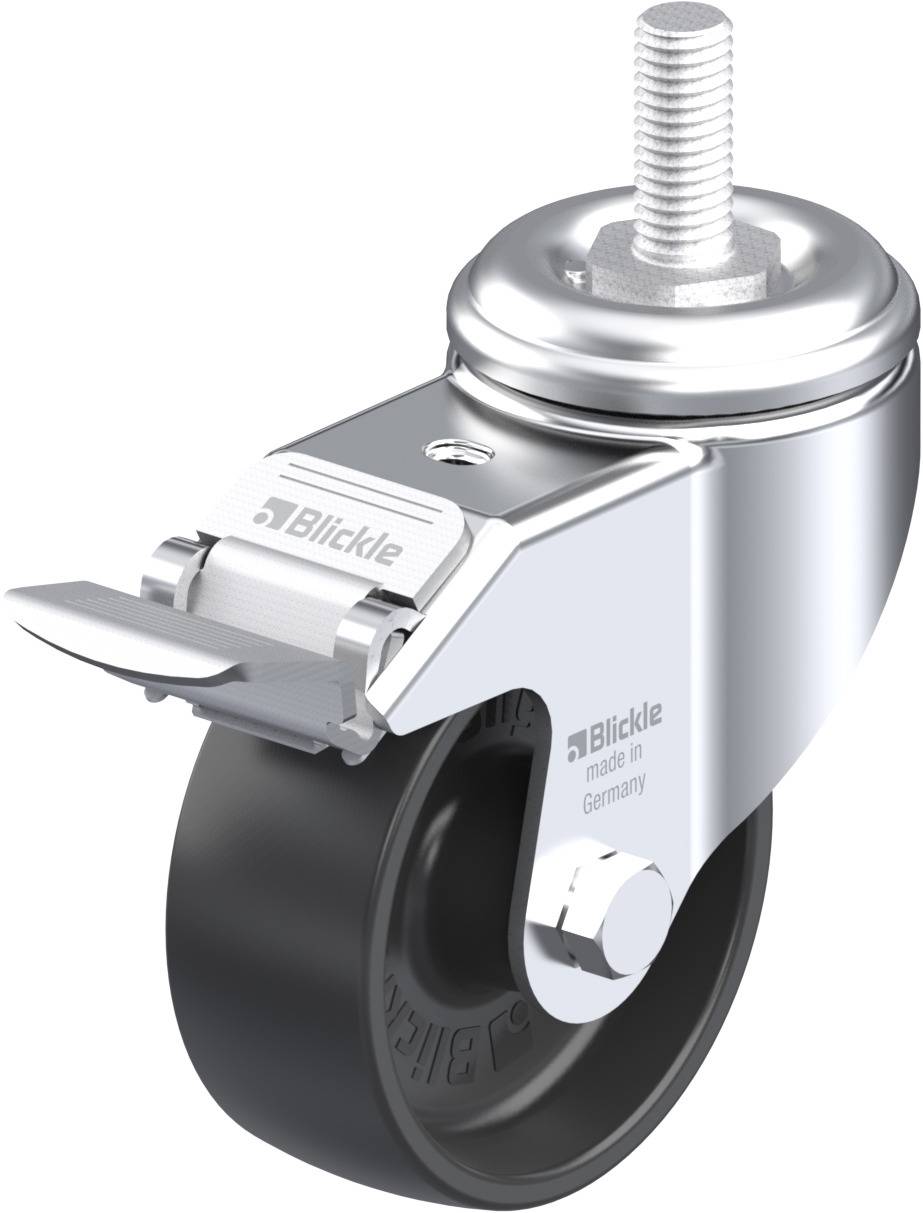 Ein silbernes Lenkrad mit schwarzem Rad und montiertem Gewindebolzen, geeignet für den Einsatz an Möbeln oder Geräten.