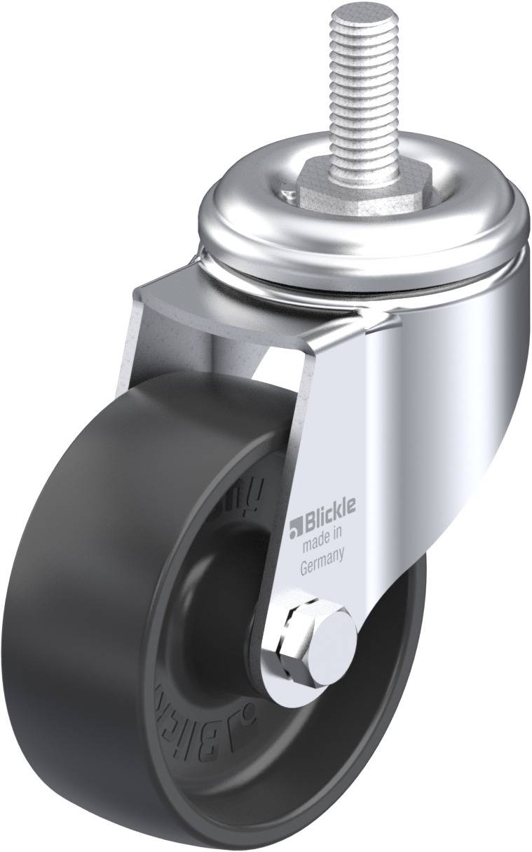 Schwenkbare Rolle mit grauem Gummi-Rad und Metallhalterung, geeignet für Möbel oder leichte Geräte.