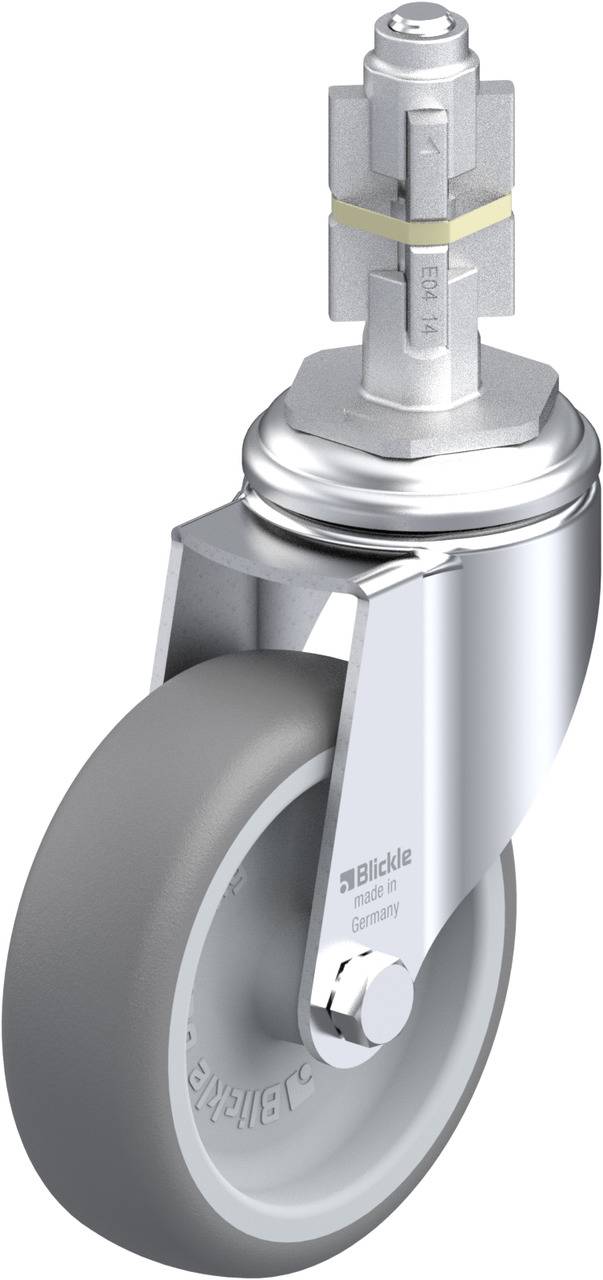 Industrie-Schwenkrolle mit grauem Rad, verchromter Halterung und Gewindestift für Möbel oder Geräte.