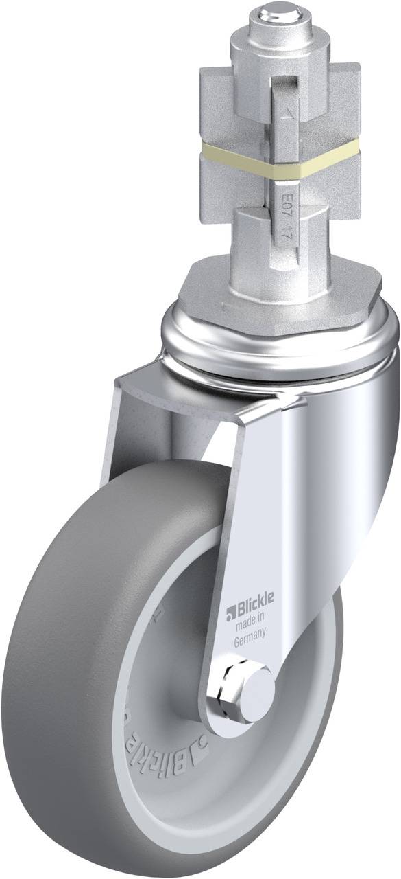 Metallrolle mit grauem Rad, glänzendem Gehäuse und Befestigung am oberen Ende, geeignet für schwere Lasten, industrielles Design.