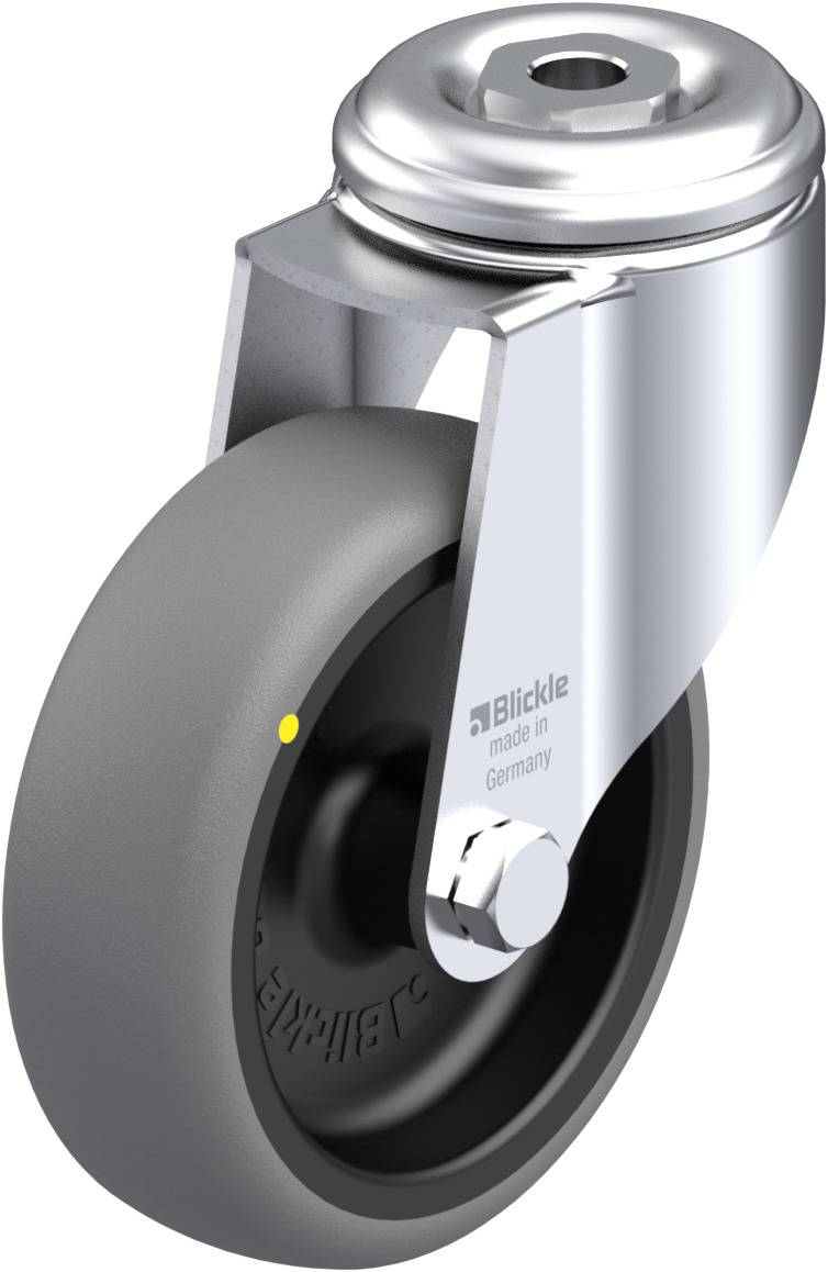 Ein graues Rad aus Metall und Kunststoff, geeignet für Möbel oder Geräte, mit der Aufschrift 'Blickle made in Germany' an der Seite.