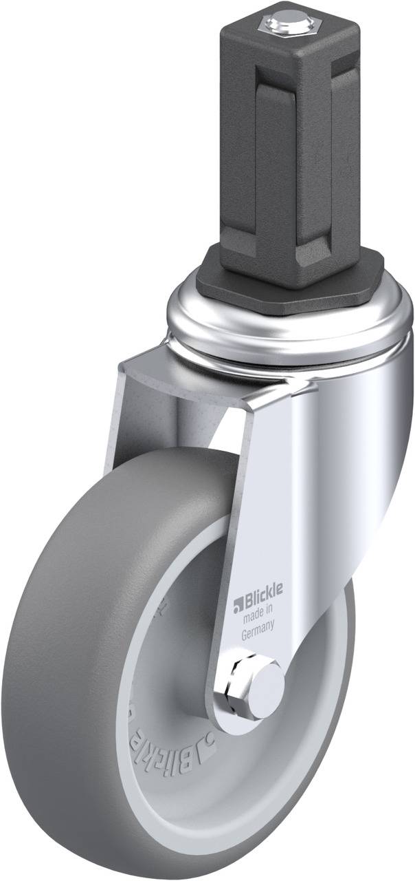 Metallisches Lenkrollelement mit grauem Rad und Befestigungsstift, eignet sich für den Einbau in Möbel oder Geräte.