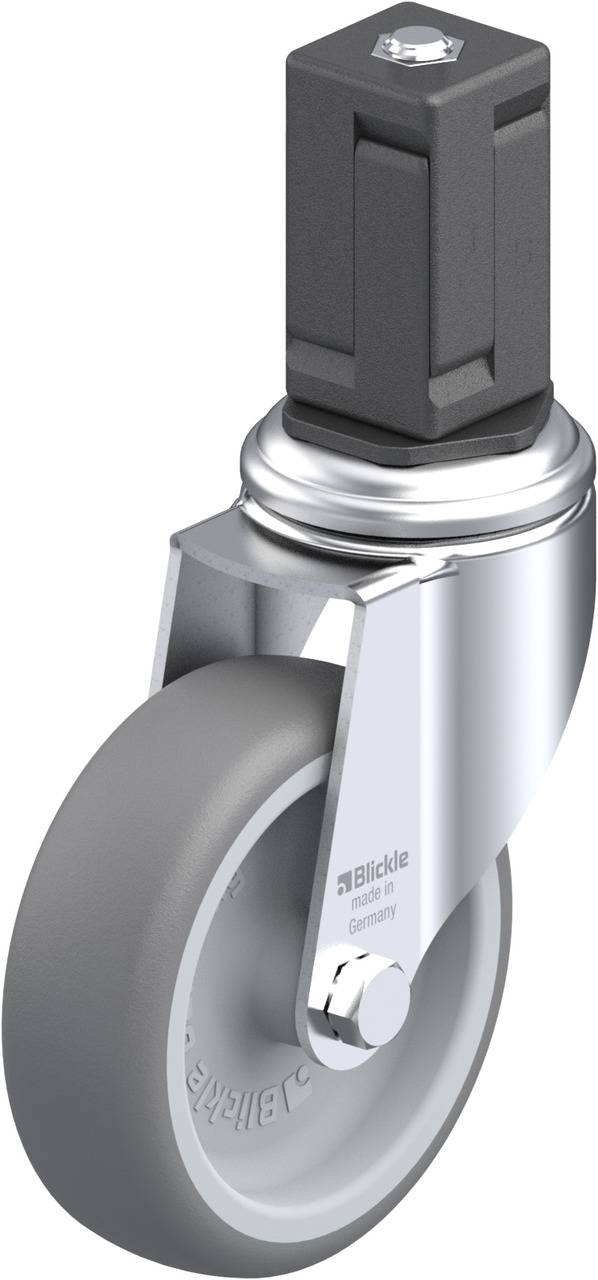 Industrie-Lenkrolle mit grauem Rad und Metallgehäuse. Geeignet für Möbel oder Geräte mit beweglichen Komponenten.