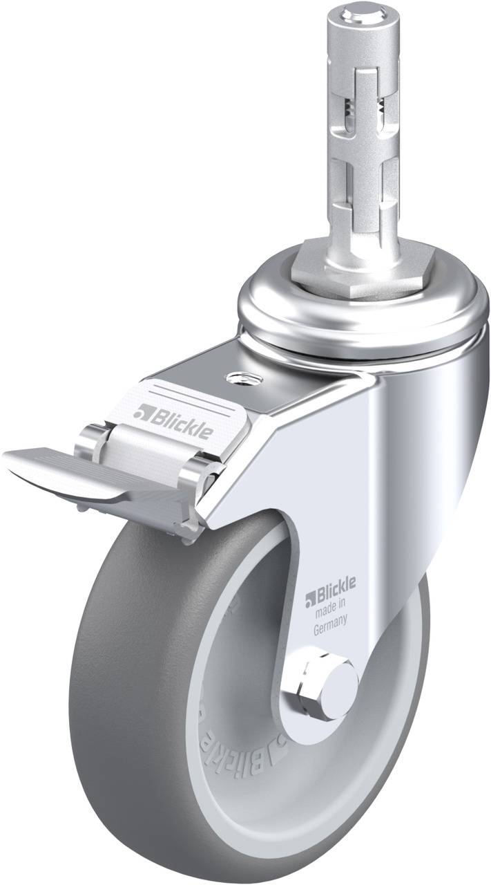 Graues Rad mit Metallhalterung und Bremse. Es hat eine vertikale Metallstange zur Befestigung.