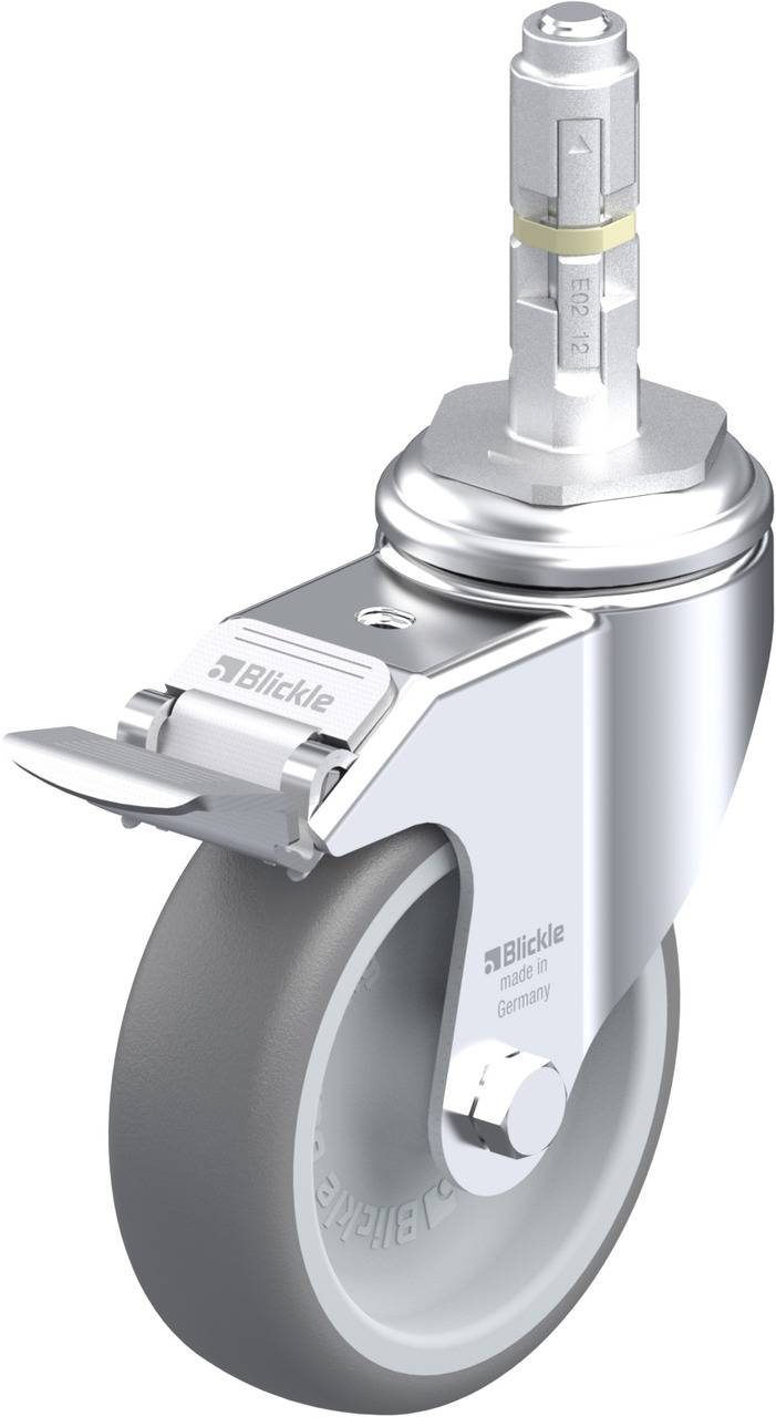 Graues Rad mit Metallhalterung und Bremse, hergestellt von der Firma Blickle. Vorgesehen für industrielle Anwendungen.