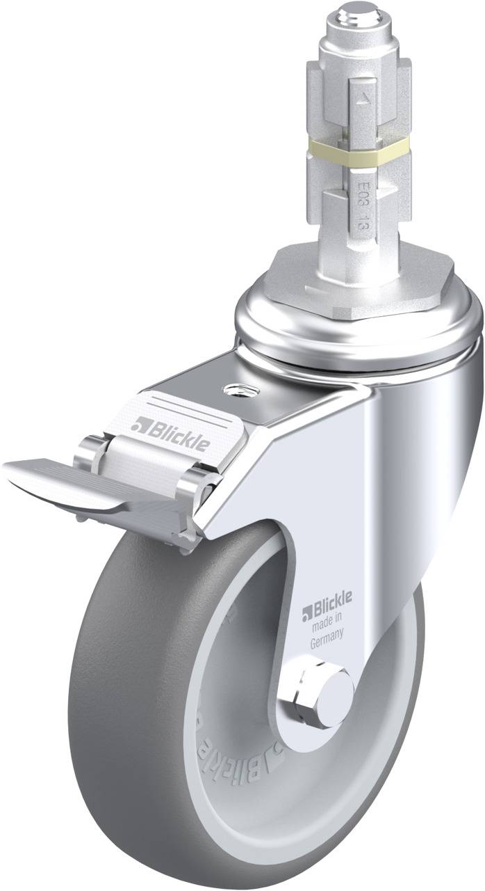 Industrielle Lenkrolle aus Metall mit grauem Rad und Aufschrift 'Blickle'. Geeignet für schwere Lasten und vielseitig einsetzbar.