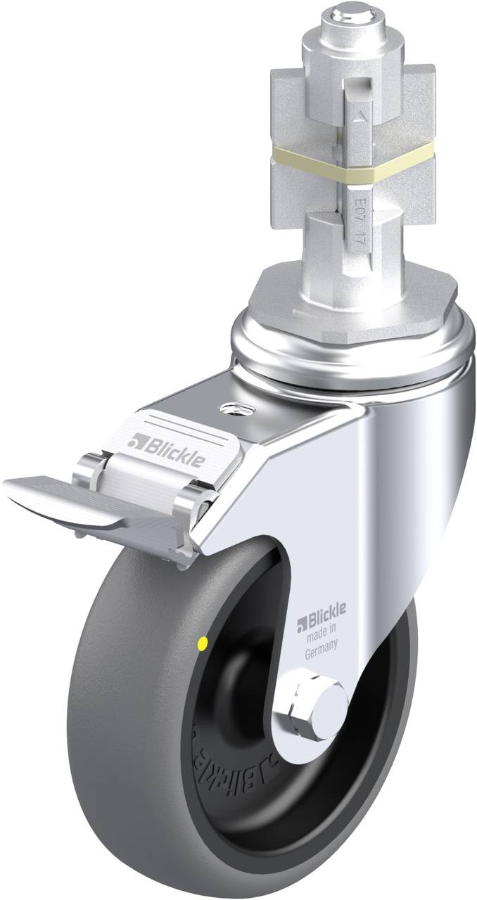 Industrierolle mit grauem Rad, Metallschutz und Drehmechanismus. Logo und Schriftzug einer Marke auf der Metallfläche sichtbar.