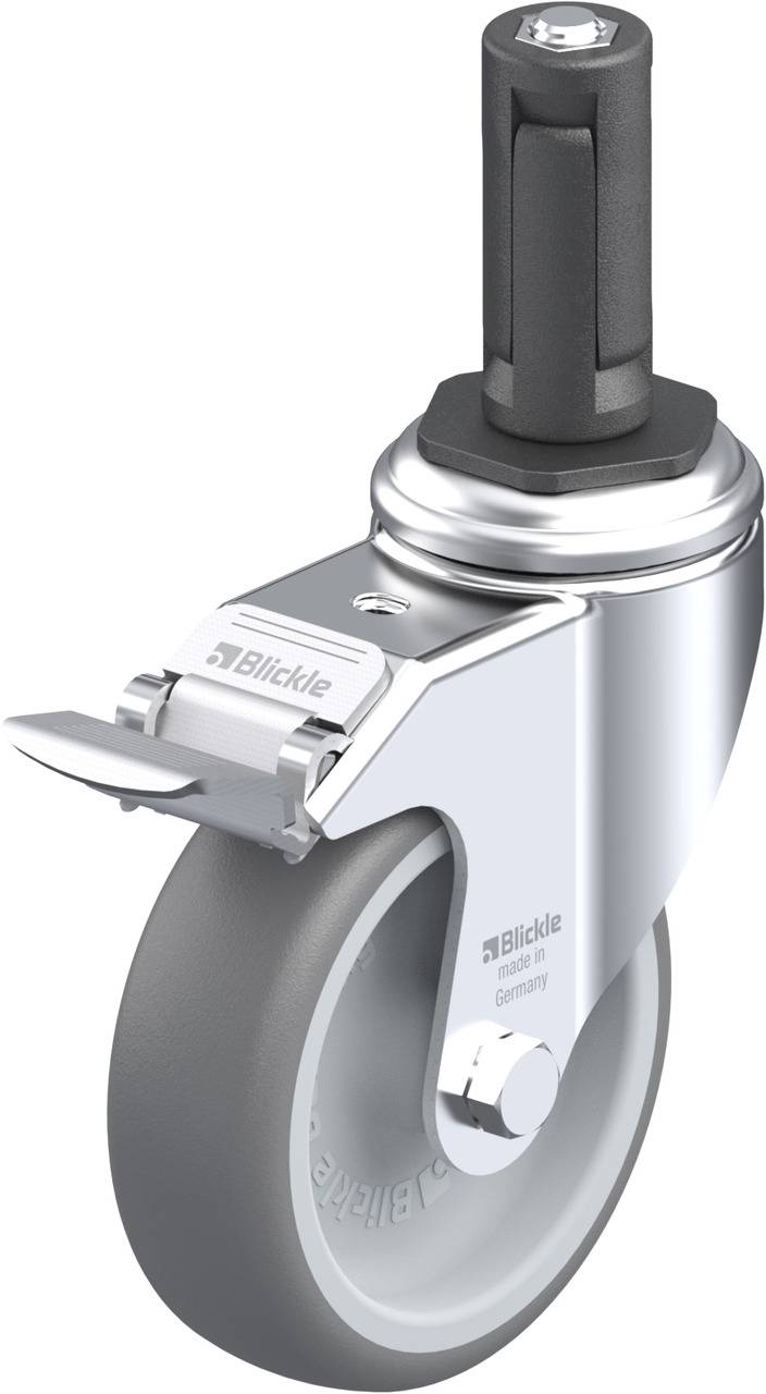Blickle-Lenkrolle mit grauem Rad, Metallgehäuse und schwarzem Befestigungszapfen. Geeignet für Möbel oder Transportwagen.