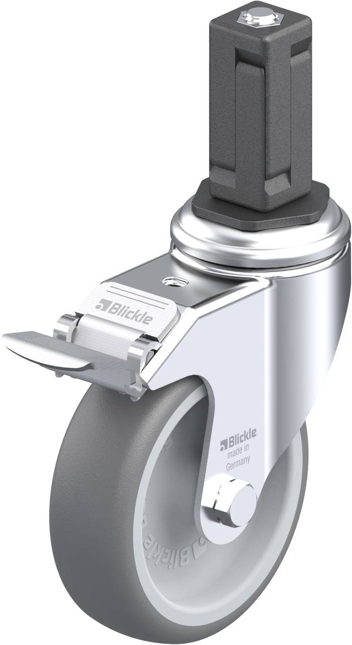 Grauer Lenkrolle mit Metallhalterung und quadratischem Stift, Herstellername 'Blickle' sichtbar auf der Halterung.
