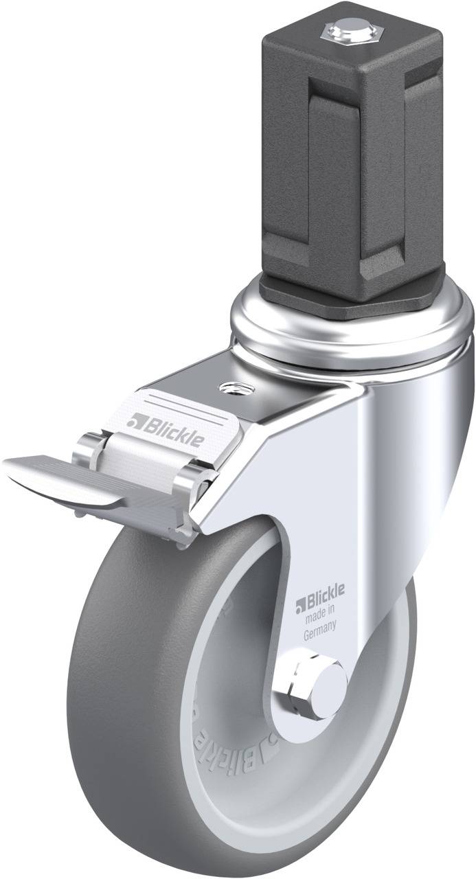 Industrie-Lenkrolle mit grauer Gummibereifung, silbernem Gehäuse und feststellbarem Hebel. Markierung 'Blickle' auf dem Gehäuse.