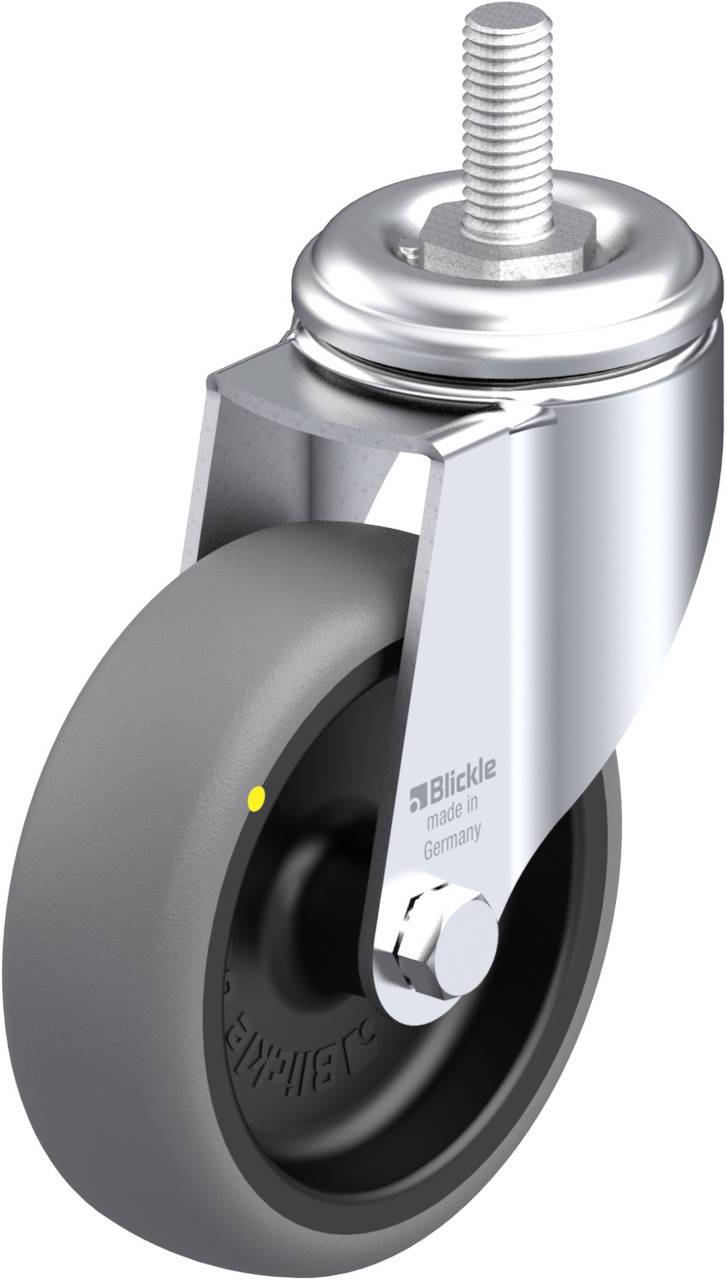 Ein graues Rollrad mit Metallhalterung und Gewindebolzen. Das Rad ist von der Marke Blickle, bekannt für hochwertige Rollen.