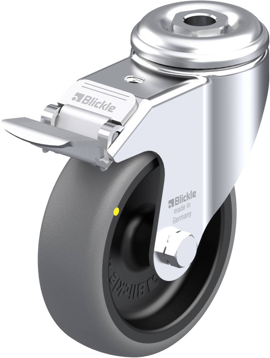 Schwenkrolle aus Metall mit grauem Rad und Bremse, markiert mit 'Blickle' und 'Made in Germany'. Robustes Design für Industrieausrüstung.