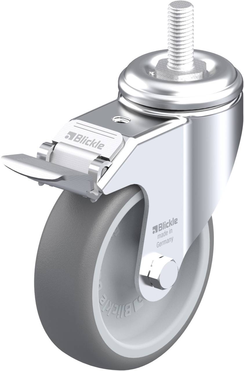 Schwenkrolle aus Chrom mit grauem Rad, festem Befestigungsbolzen und Bremsmechanismus. Aufdruck: 'Blickle 6203 VI Germany'.