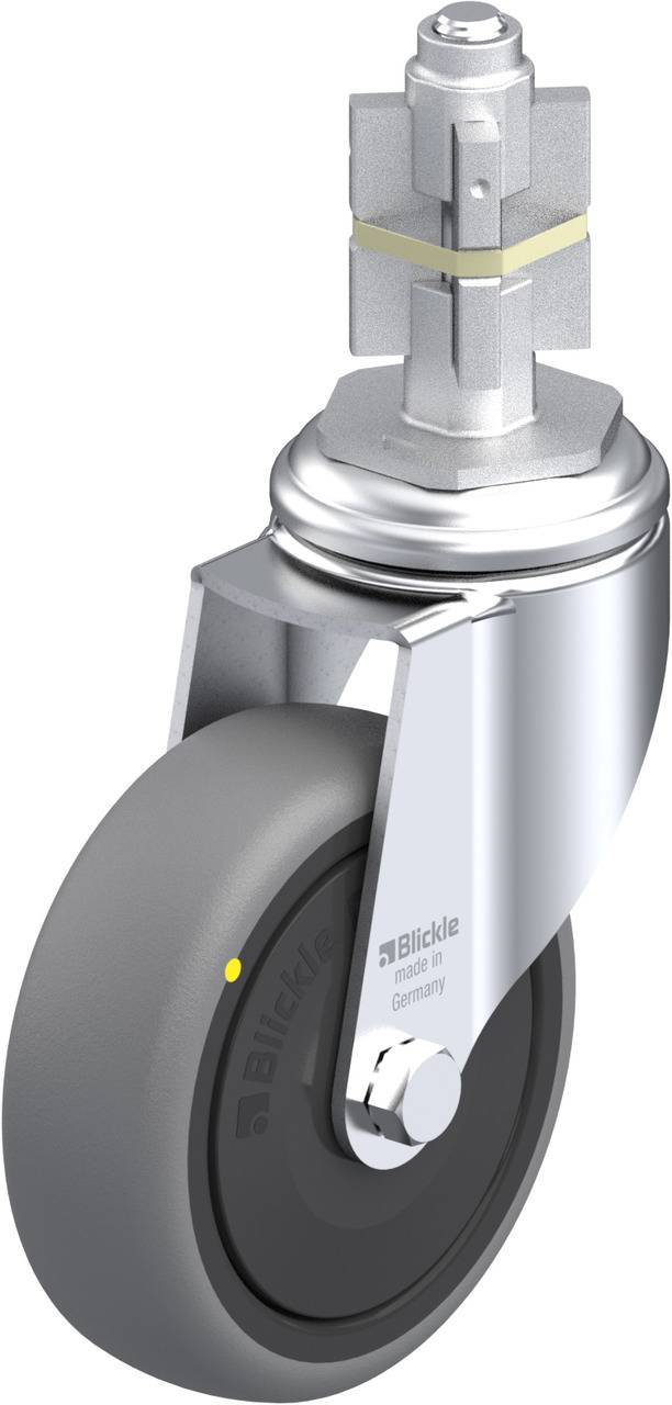 Das Bild zeigt eine graue Lenkrolle mit Metallgehäuse und Gabel. Sie hat eine glatte Oberfläche und ist für industrielle Anwendungen geeignet.