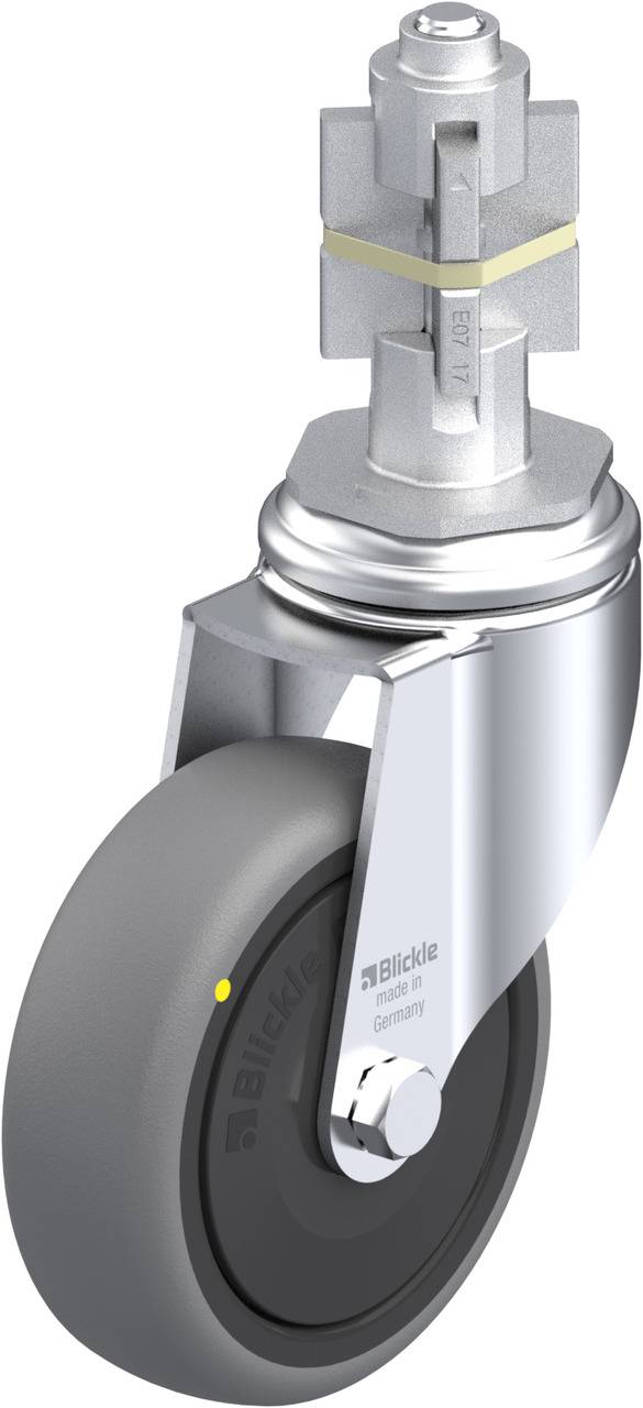 Industrie-Schwenkrolle mit grauem Gummirad und Metallhalterung. Markenname 'Blickle' sichtbar auf der Radfläche.