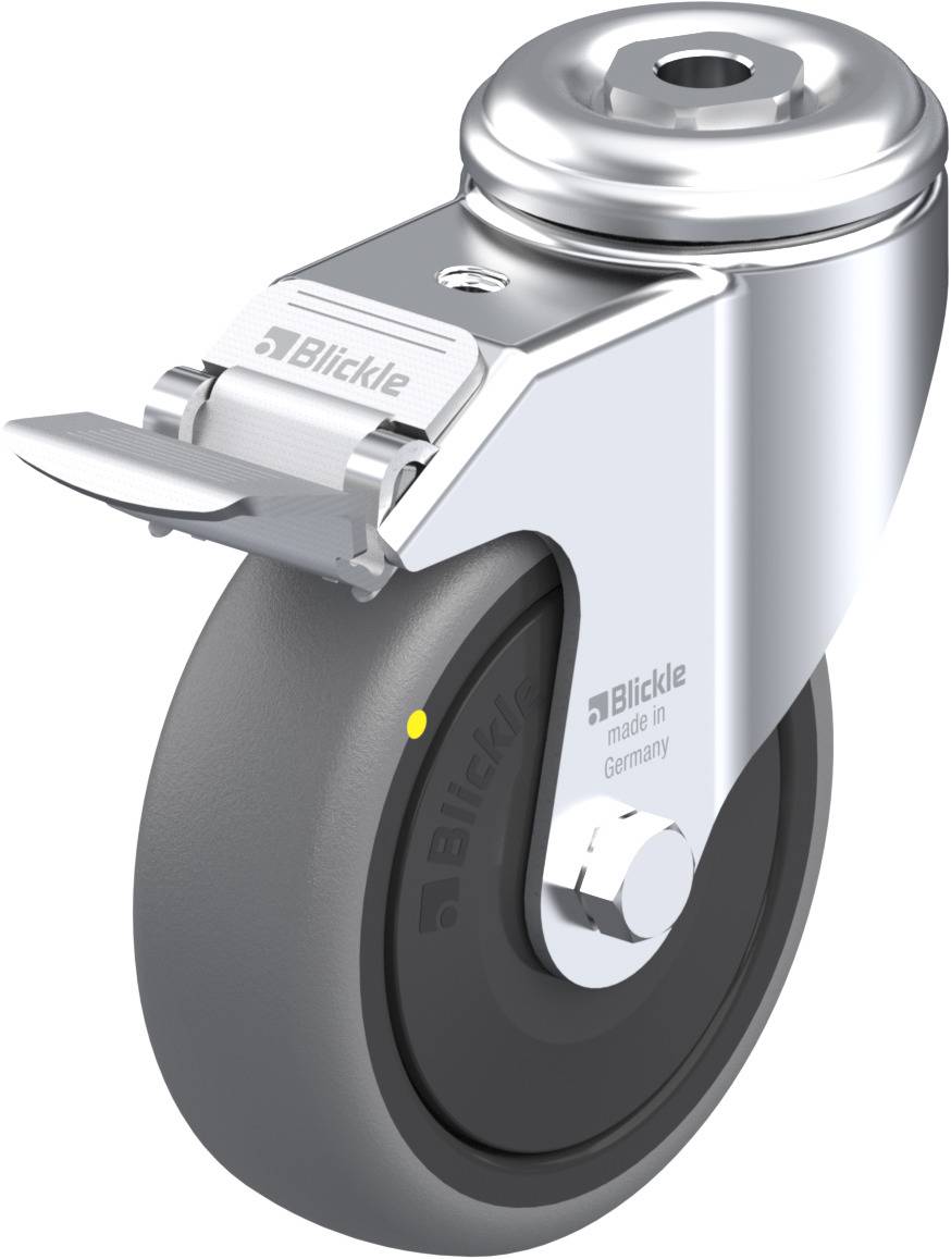 Industrie-Schwenkrolle aus Metall und Gummi mit Bremse, hergestellt in Deutschland von Blickle. Geeignet für schwere Lasten.