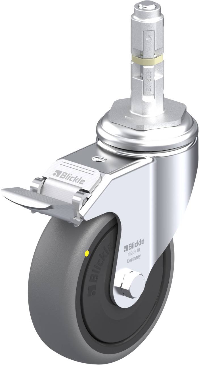 Industrielle Lenkrolle aus Metall und Kunststoff mit Feststellbremse, geeignet für Transportgeräte oder Möbel, zeigt Markenlogo.