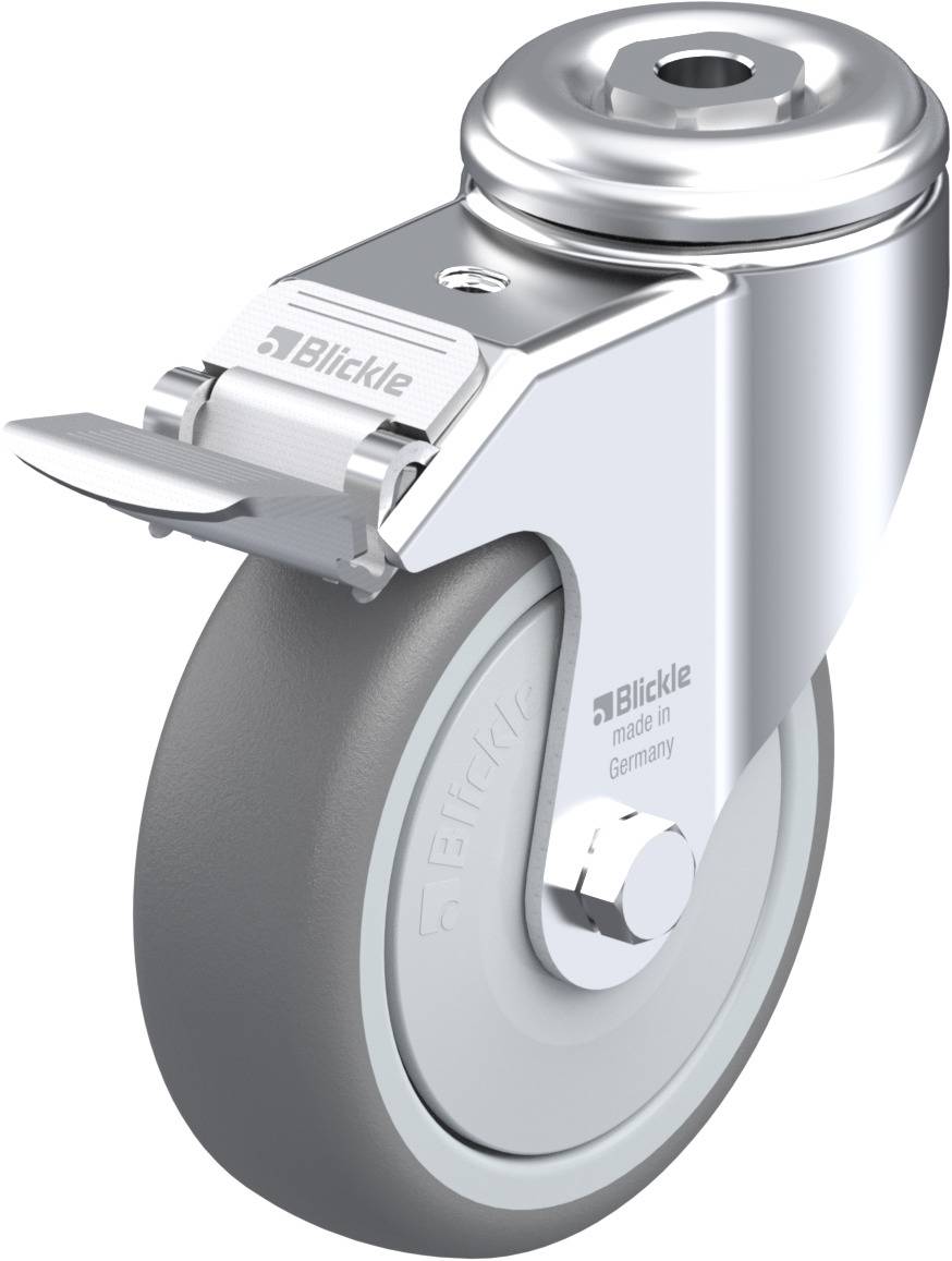 Graue Lenkrolle aus Metall mit Bremse und Aufschrift 'Blickle made in Germany'. Sie wird oft für Möbel oder Geräte verwendet.