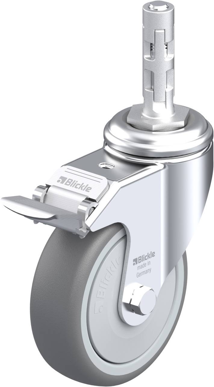 Graue Lenkrolle mit Metallgehäuse und Bremse, geeignet für Möbel oder Wagen. Robust und funktional für verschiedene Anwendungen.
