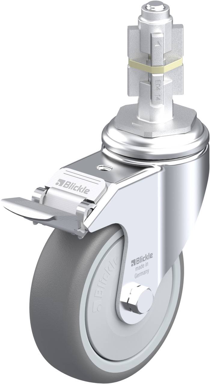Blickle Lenkrolle mit feststellbarer Bremse und grauem Rad für reibungslose Mobilität. Silbernes Gehäuse mit Logo 'Blickle'.