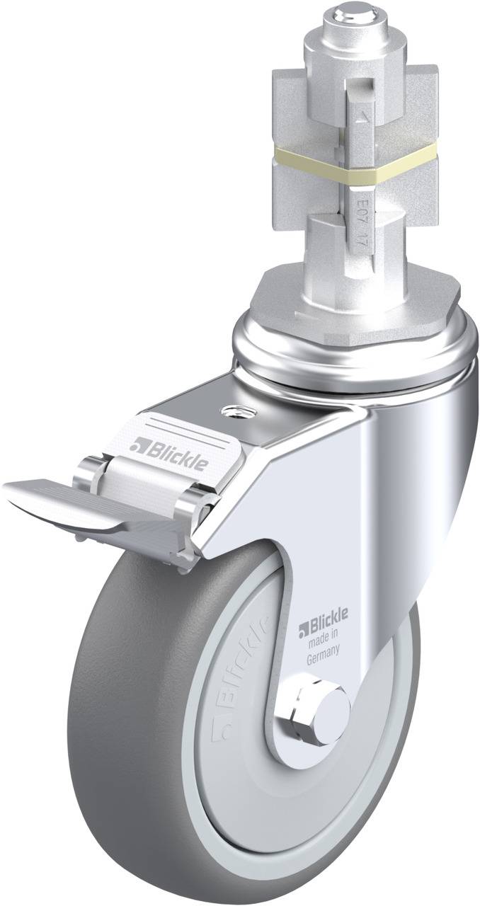 Schwenkrolle mit grauem Rad und silbernem Gehäuse, ausgestattet mit einer Bremse. Markiert mit dem Logo 'Blickle'.