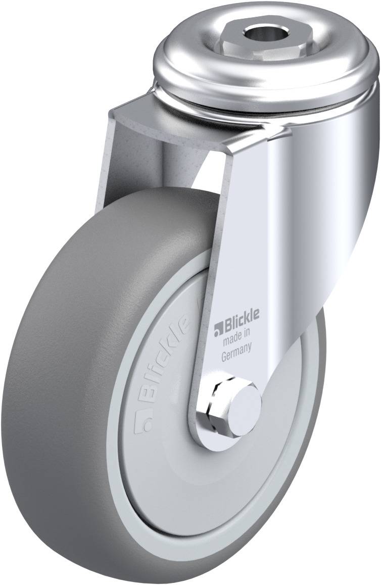 Metallisches Lenkrollenrad mit grauer Gummibeschichtung, Markenname 'Blickle' an der Seite, geeignet für industrielle Anwendungen.