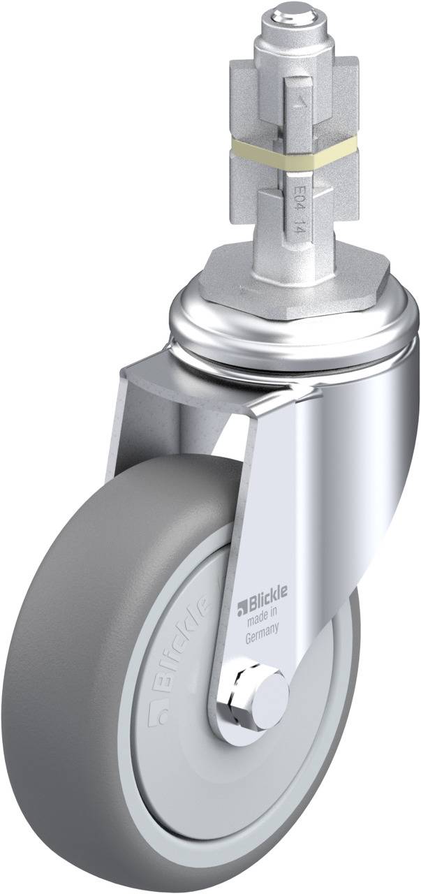 Schwenkrolle mit grauem Rad und silberner Halterung, geeignet für verschiedene Transportgeräte.