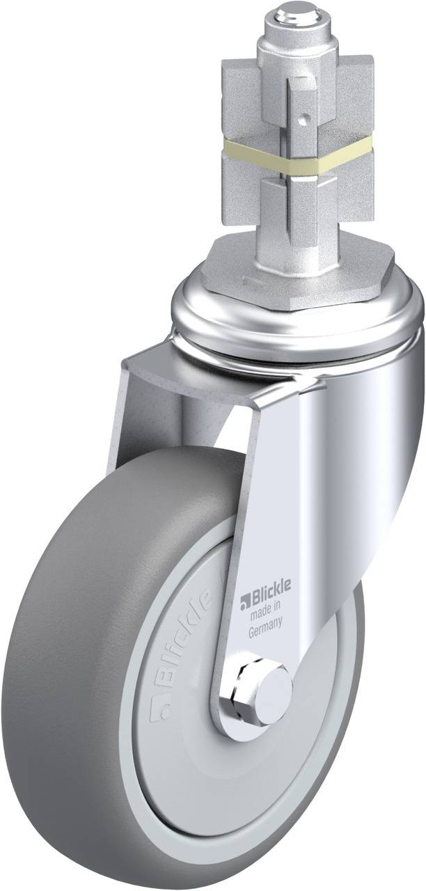 Metallrolle mit grauem Gummi, drehbar montiert. Geeignet für Transportwagen oder Möbel. Solide Konstruktion für den Innenbereich.