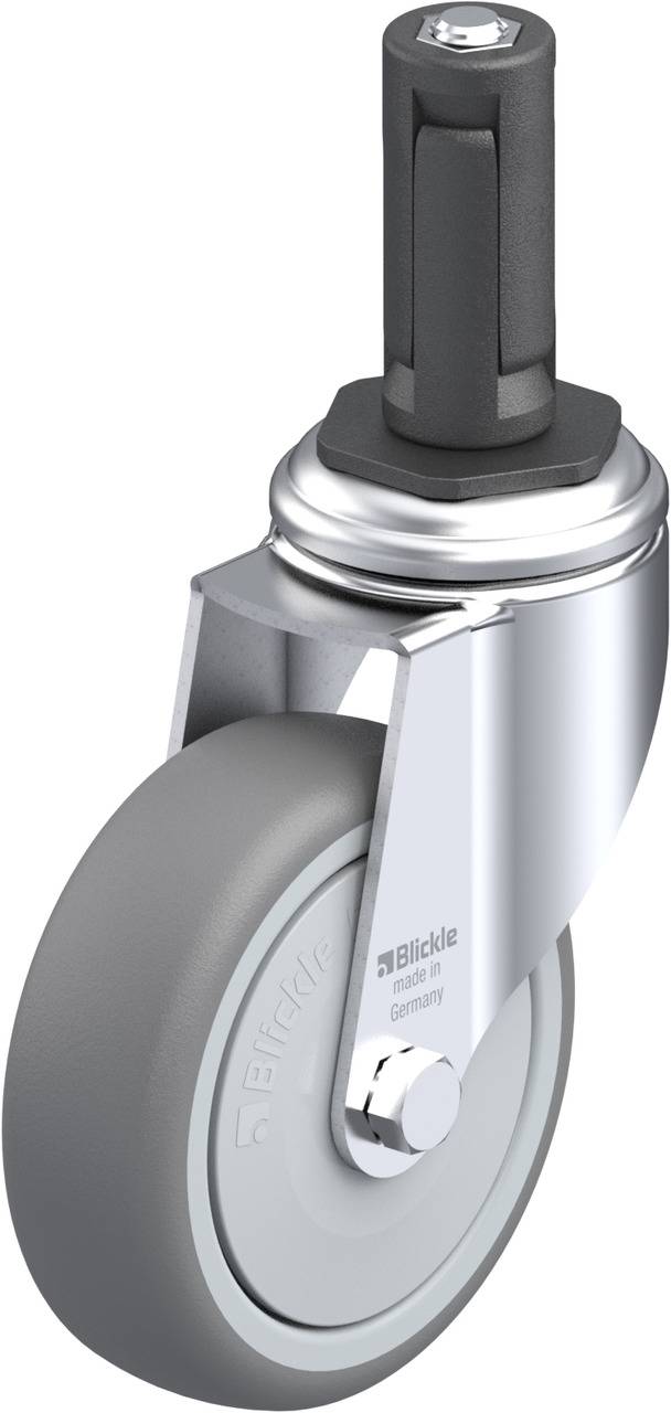 Schwenkrolle aus Metall mit grauem Gummirad, geeignet für Möbel und leichte Geräte, mit einem Befestigungselement oben.