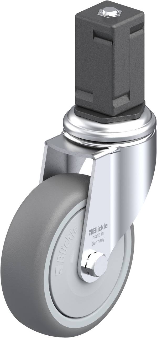 Eine graue Lenkrolle mit Metallgehäuse, geeignet für verschiedene Anwendungen. Markenlogo 'Blickle' auf dem Rad sichtbar.