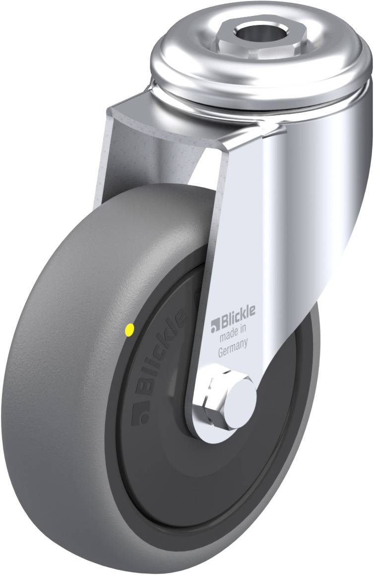 Graue Lenkkrolle aus Metall und Kunststoff von Blickle, geeignet für leichte bis mittelschwere Anwendungen, Made in Germany.