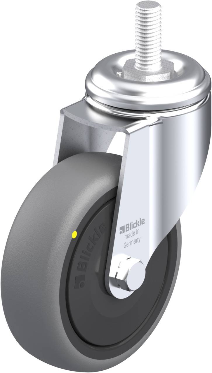 Metallrolle mit grauem Rad und Schraubgewinde. Auf der Radabdeckung steht 'Blickle made in Germany'. Ideal für industrielle Anwendungen.