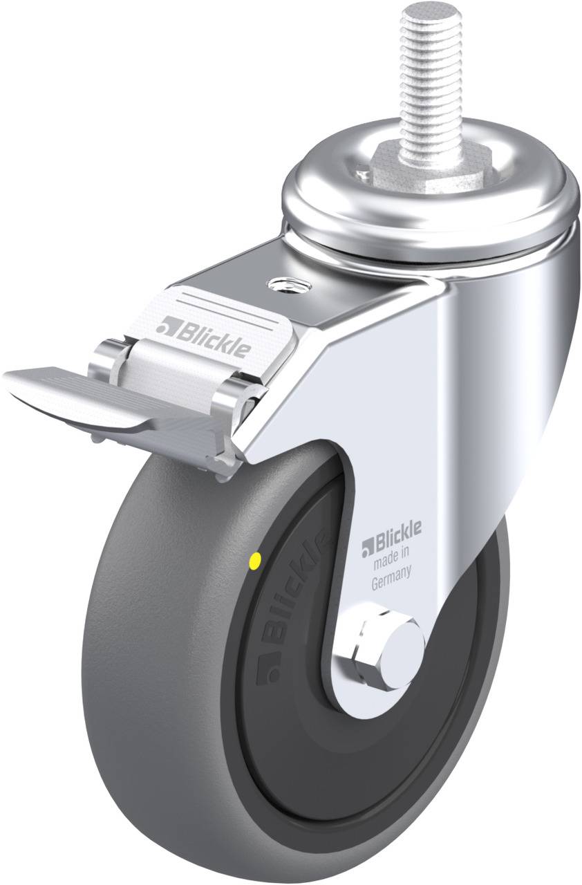 Lenkrolle aus Metall mit grauem Rad und Kugellager. Verfügt über ein Bremssystem und wird mit Schraube befestigt.