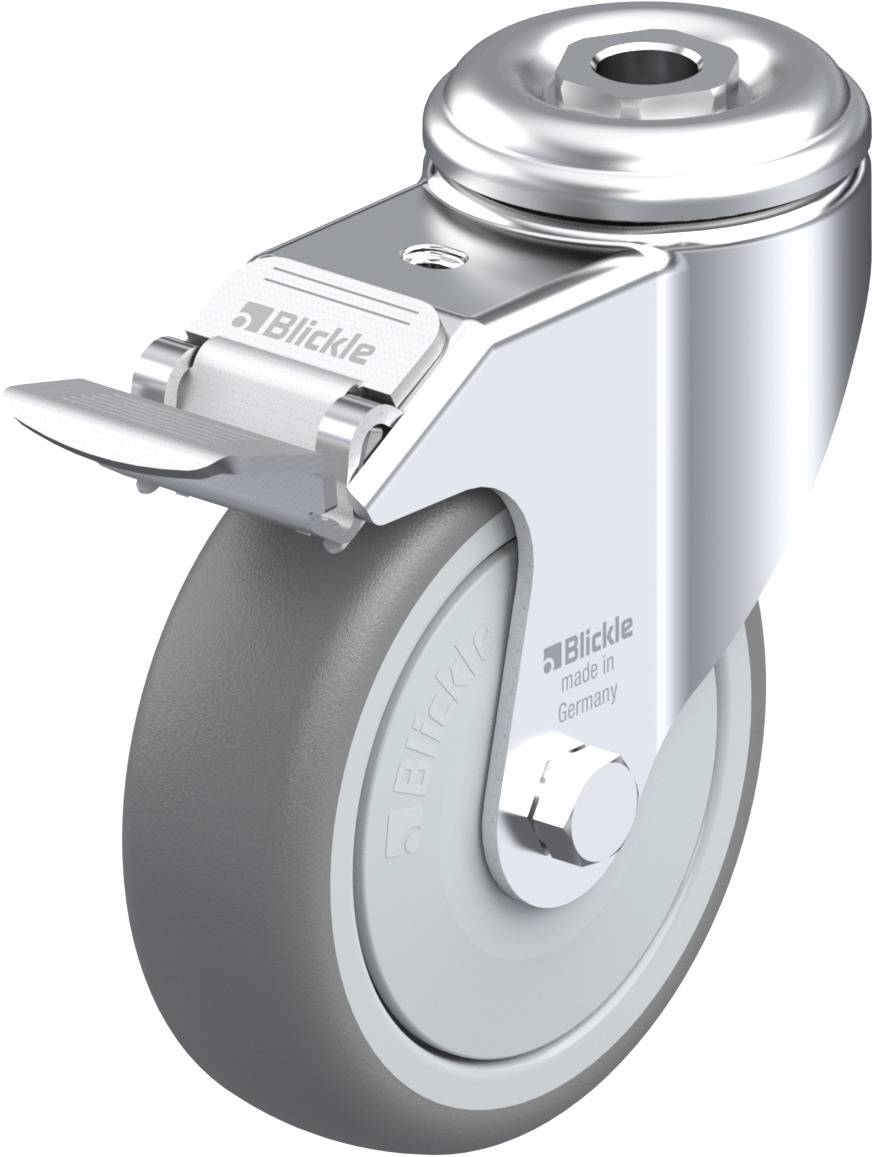 Schwenkrolle aus Metall mit grauem Rad und Bremse, Aufschrift 'Blickle made in Germany', geeignet für industrielle Anwendungen.