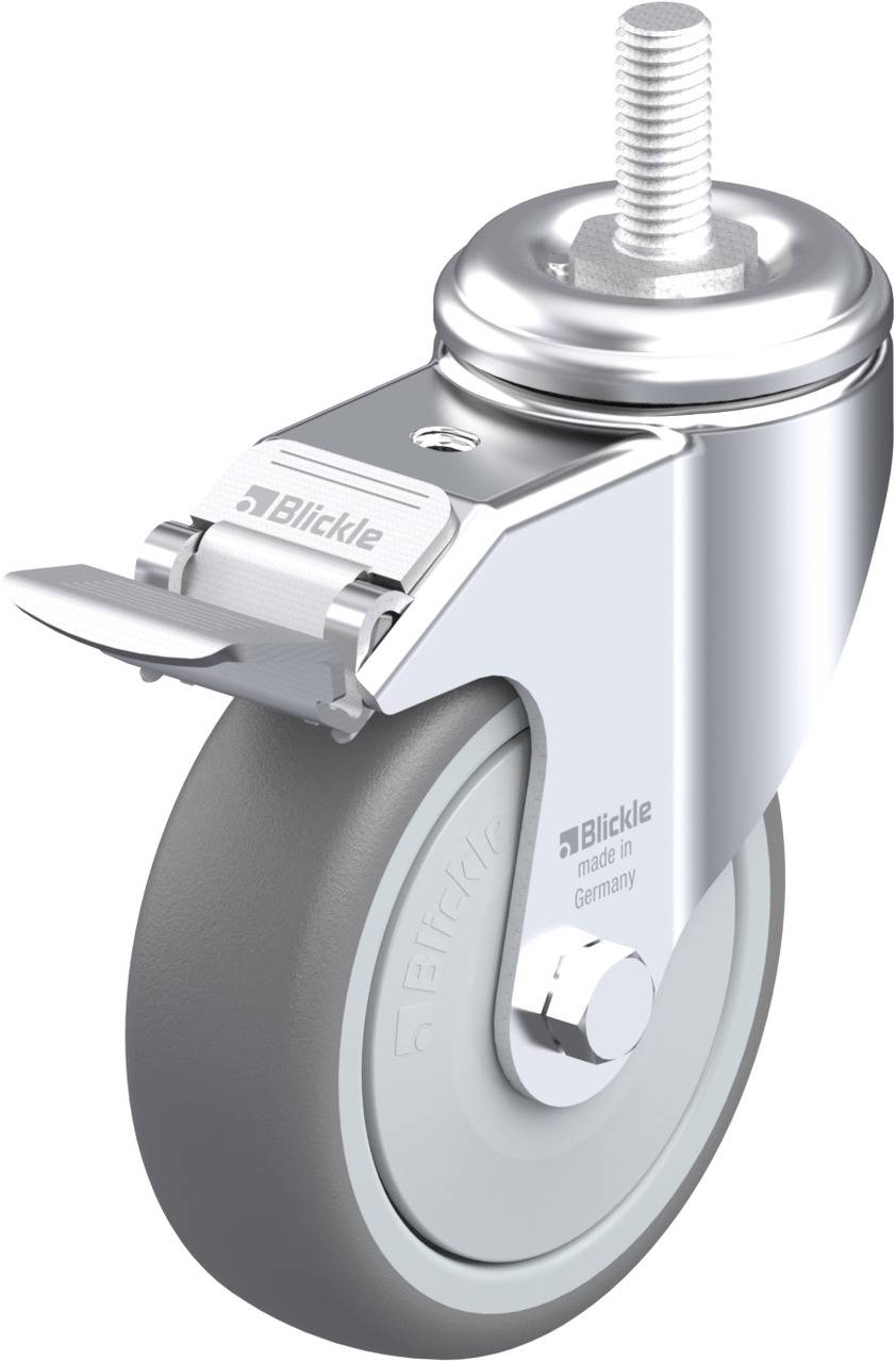 Lenkrolle mit grauem Rad, glänzender Metallhalterung und Gewindebolzen. Markenname 'Blickle' und 'made in Germany' sichtbar.