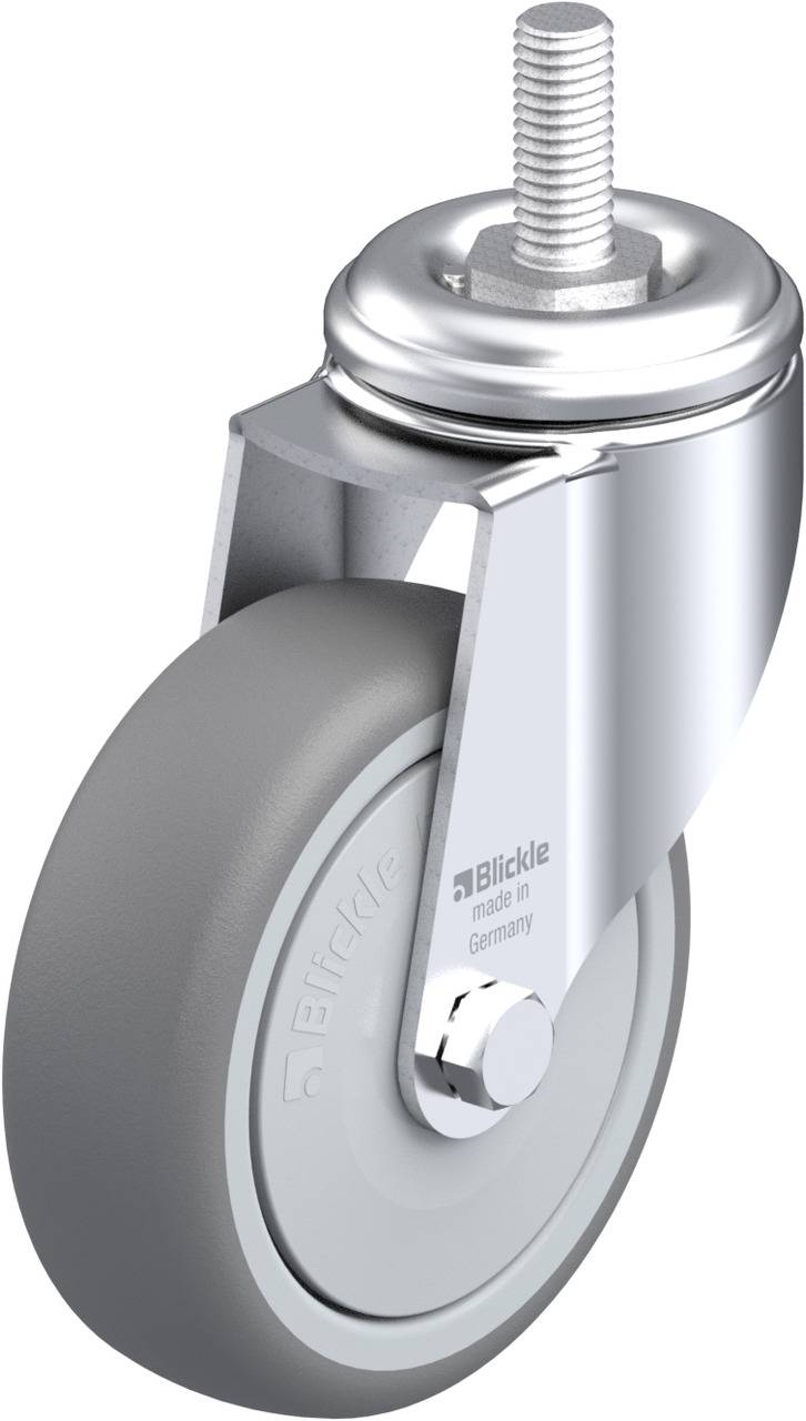 Graue Möbelrolle mit Metallgehäuse und Schraubgewinde. Markenlogo auf der Rolle. Geeignet für leichte bis mittelschwere Lasten.