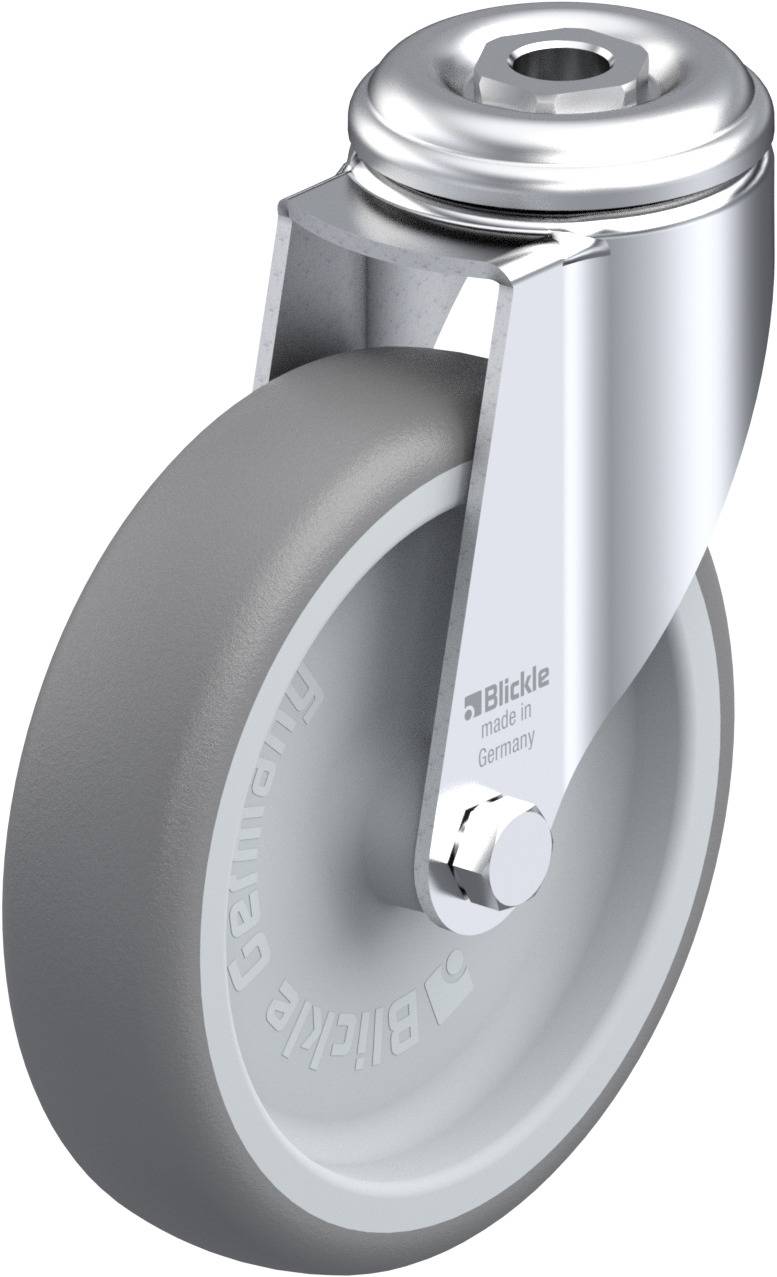 Gummirad mit silbernem Metallgehäuse und Kugellager, Markenname 'Blickle', Made in Germany, geeignet für Transportwagen.